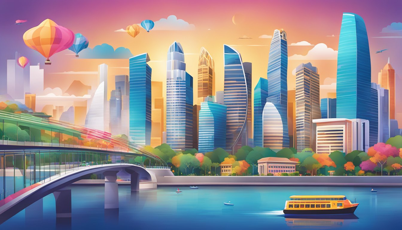 A colorful and vibrant cityscape with iconic Singapore landmarks in the background, showcasing the benefits and rewards of the Citi SMRT Card
