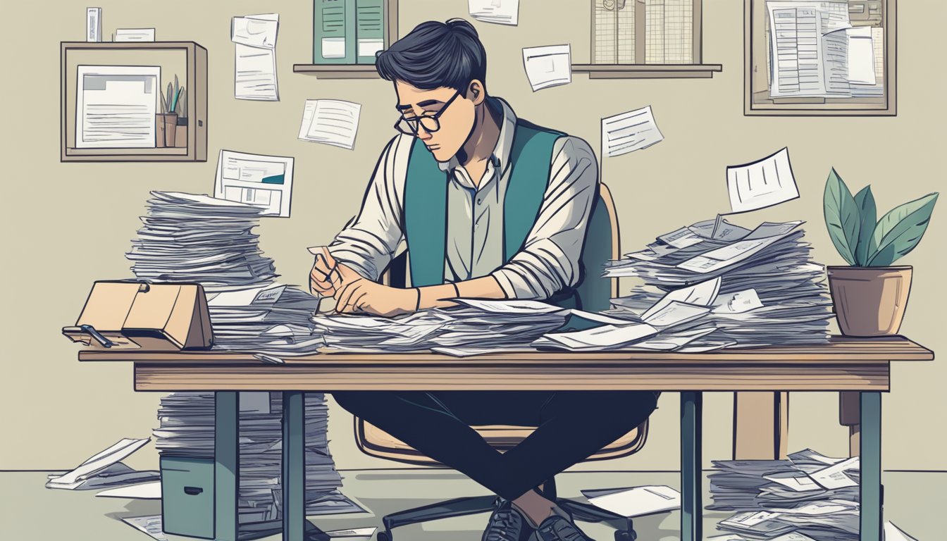 A person sitting at a desk, surrounded by bills, receipts, and a calculator. A worried expression on their face as they try to make sense of their expenses