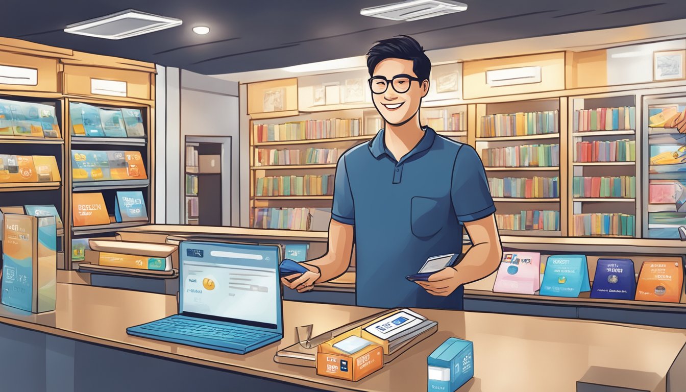 A student holding a Citi credit card, smiling while making a purchase at a bookstore in Singapore