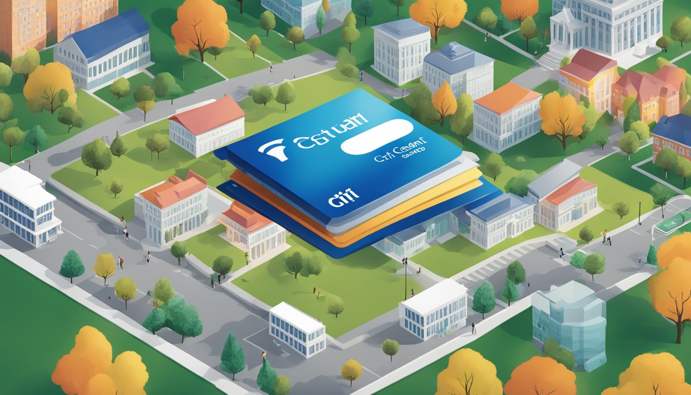 A stack of FAQ cards with Citi student credit card logo, surrounded by diverse college campus landmarks