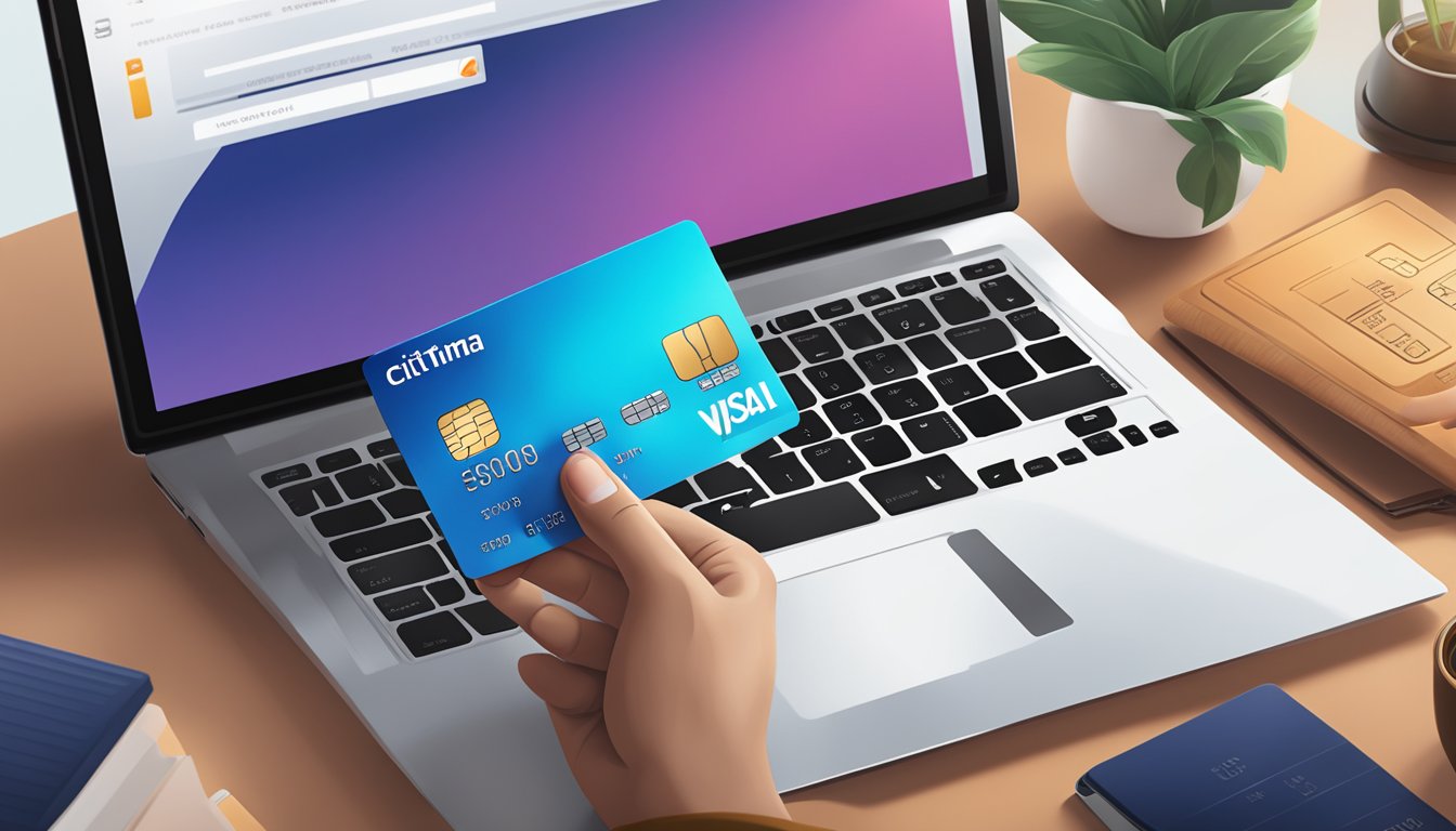 A hand holding a Citi Ultima credit card, with a laptop open to the application page, surrounded by a modern and luxurious setting
