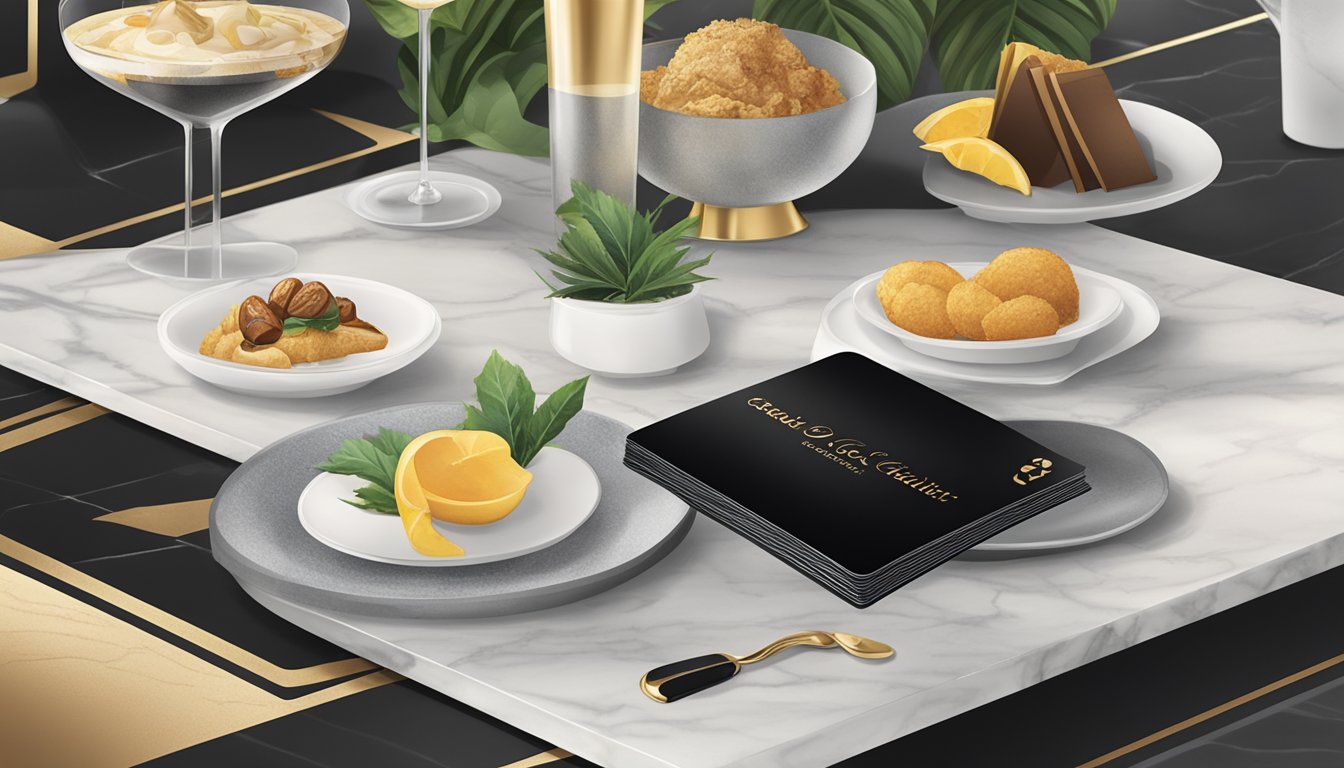 A luxurious black credit card sits on a marble table, surrounded by exotic travel brochures and fine dining menus. The card's sleek design exudes exclusivity and prestige
