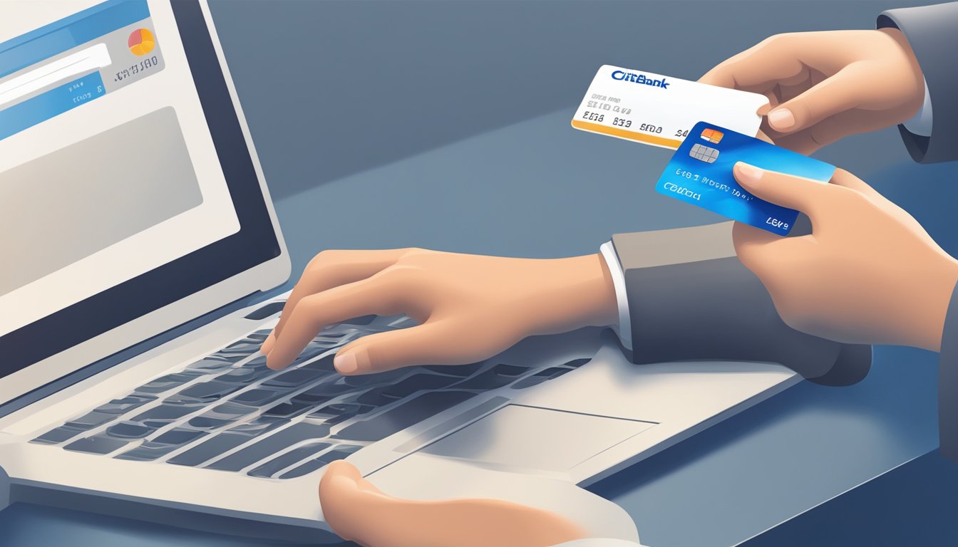A person's hand holding a Citibank credit card, transferring balance online