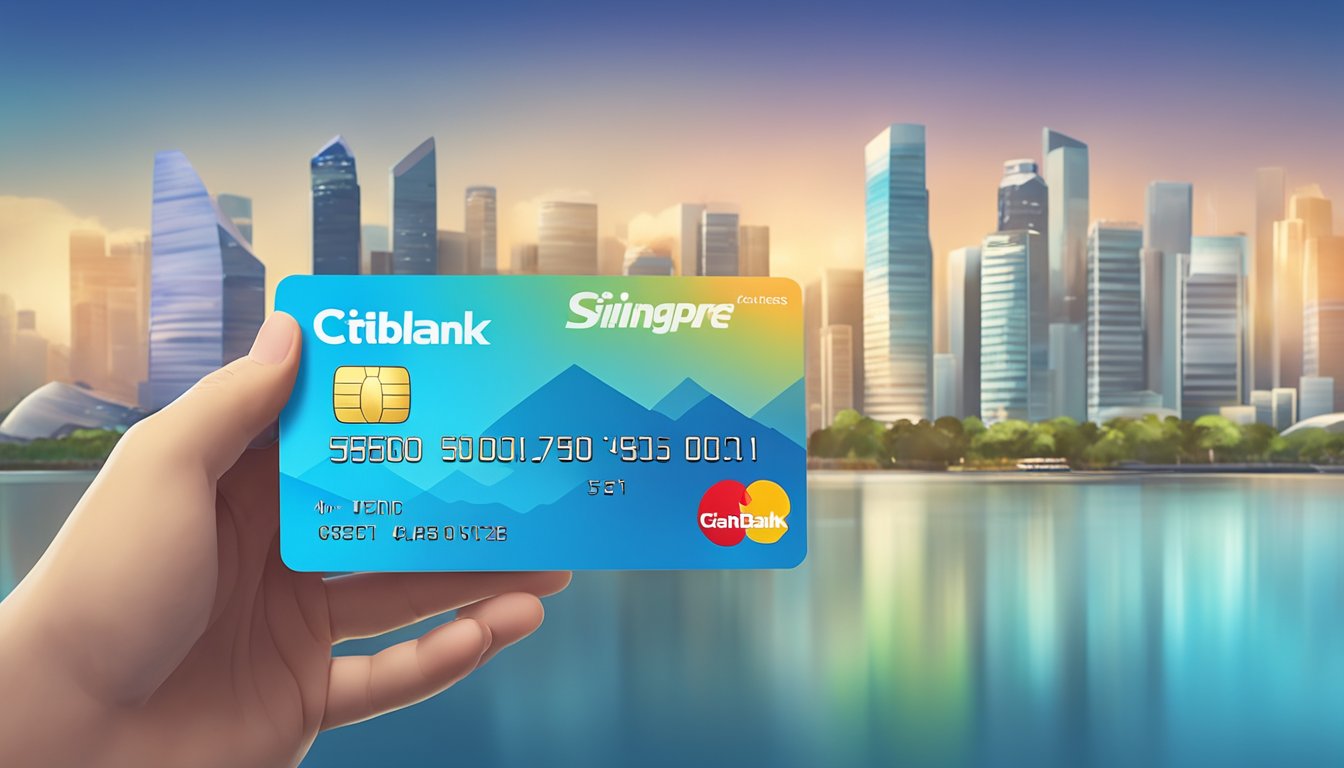 A hand holding a credit card with "Citibank" on it, hovering over a balance transfer form with "Fees and Charges" listed, against the backdrop of the Singapore skyline
