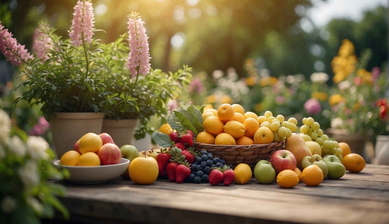 A vibrant garden with blooming flowers and fresh fruits, surrounded by a calm and serene atmosphere, representing the health benefits of DHEA