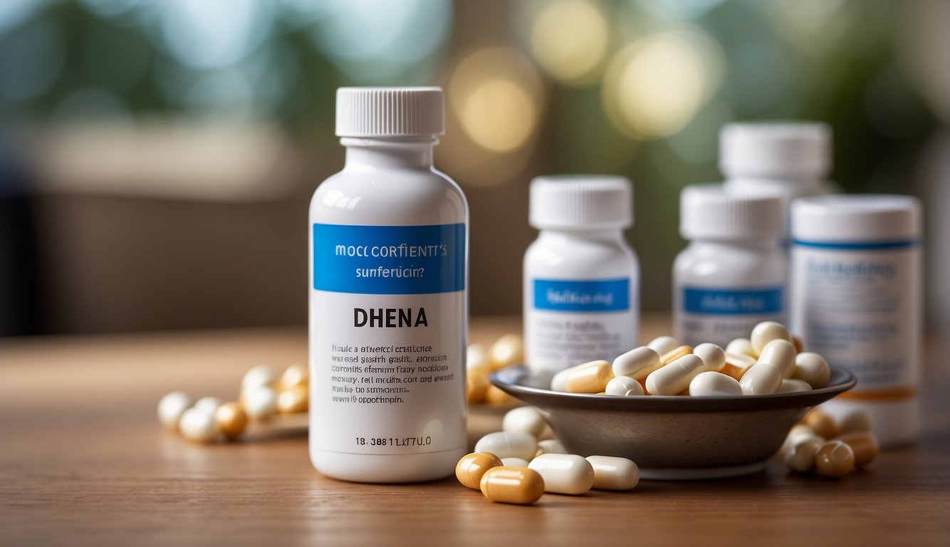 A bottle of DHEA supplements next to a list of medications and conditions. A chart showing health benefits of DHEA