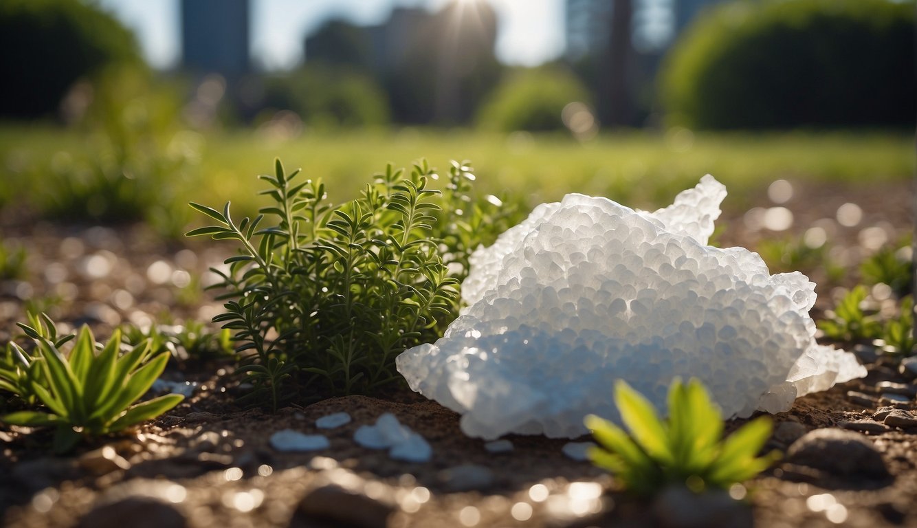 A pile of Epsom salt spills from a torn bag onto the ground, surrounded by healthy, vibrant plants
