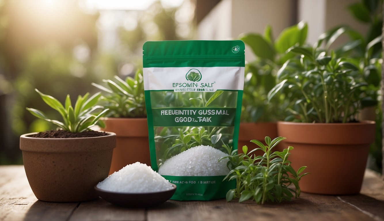 A bag of epsom salt sits next to thriving plants, with a label reading "Frequently Asked Questions: epsom salt is good for plants."