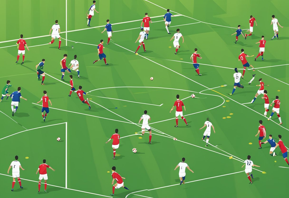 Players arrange on a field in various formations, such as 4-4-2 or 3-5-2, with lines and shapes indicating their positions and movements