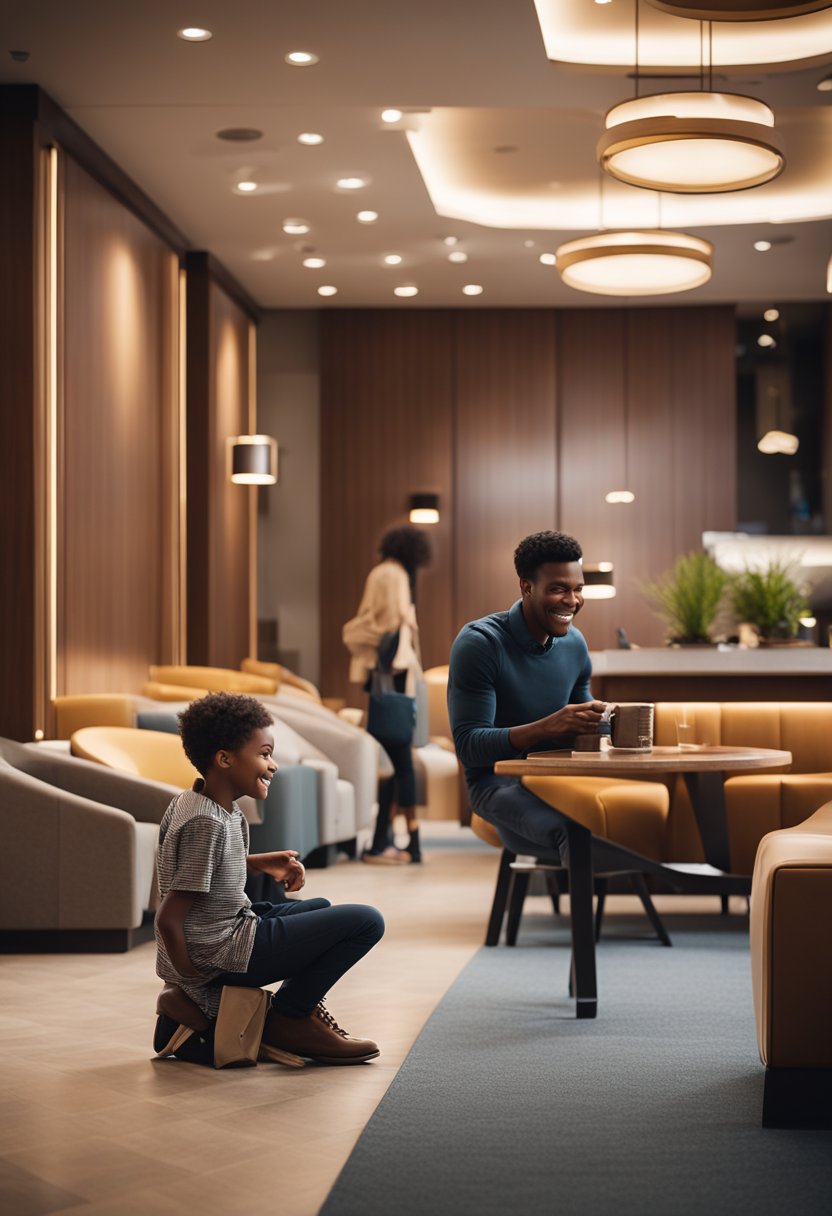 A cozy lobby with warm lighting, comfortable seating, and a play area for kids. A friendly staff member assists a family checking in at the front desk