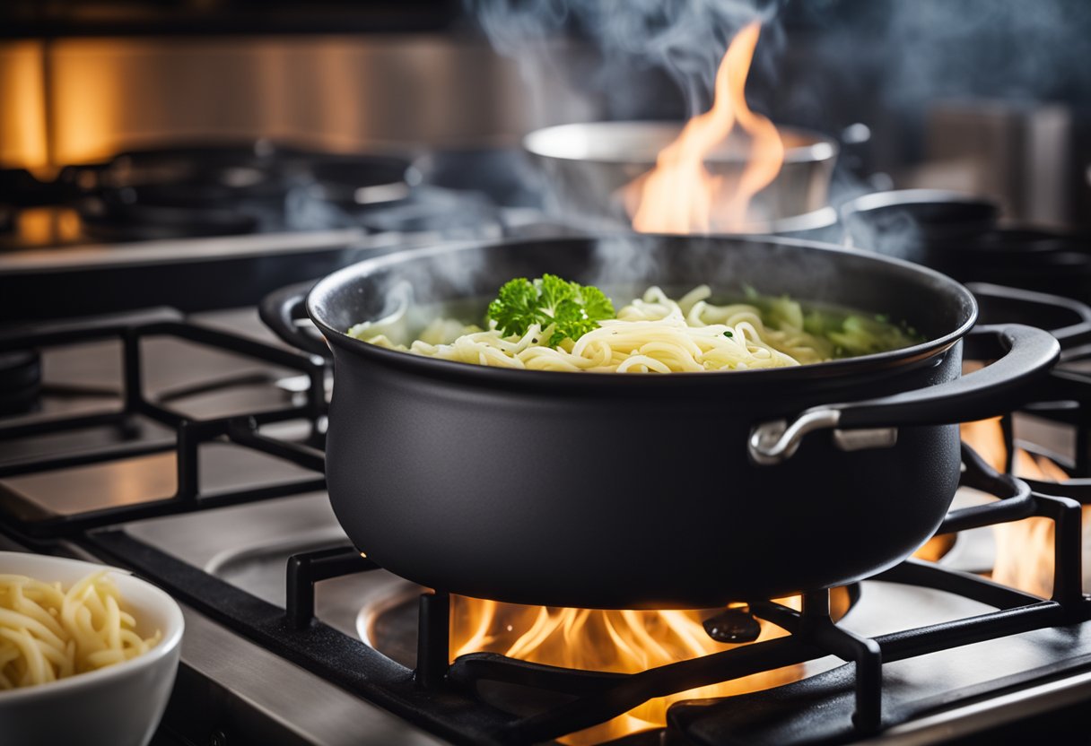 A pot simmering on a stove with cabbage, onions, and noodles in a savory broth, steam rising. Ingredients scattered nearby