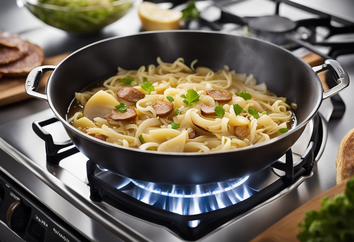 A pot simmering on a stovetop, filled with sautéed onions, cabbage, and noodles in a savory broth. Ingredients like bacon and kielbasa nearby