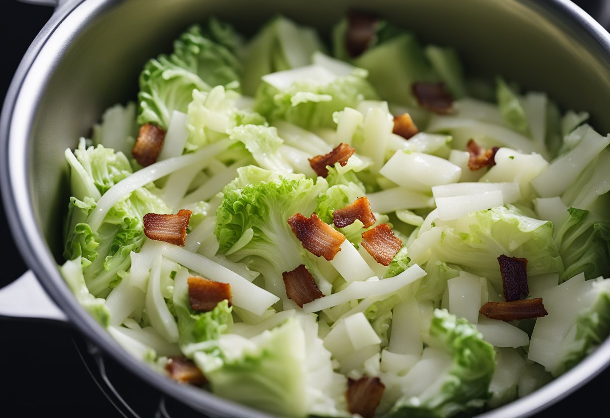 Chopped cabbage, onions, and bacon sizzling in a large pot of boiling water, with a sprinkle of salt and pepper