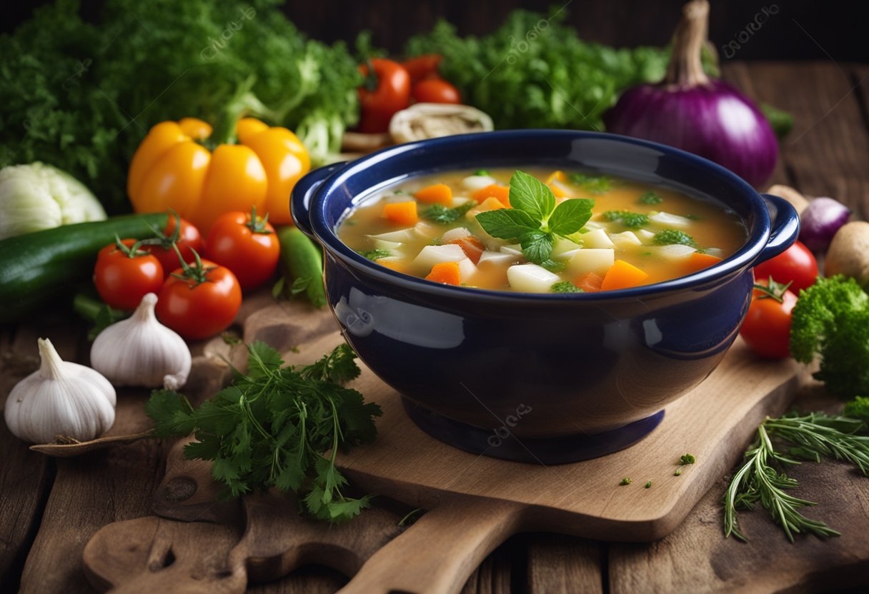 A steaming bowl of haluski soup sits on a rustic wooden table, surrounded by a colorful array of fresh vegetables and herbs
