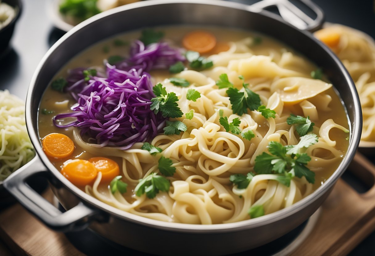 A pot of haluski soup simmers on the stove, filled with tender egg noodles, savory cabbage, and flavorful broth. On the counter, a variety of fresh ingredients await to be added as variations and substitutions to the traditional recipe