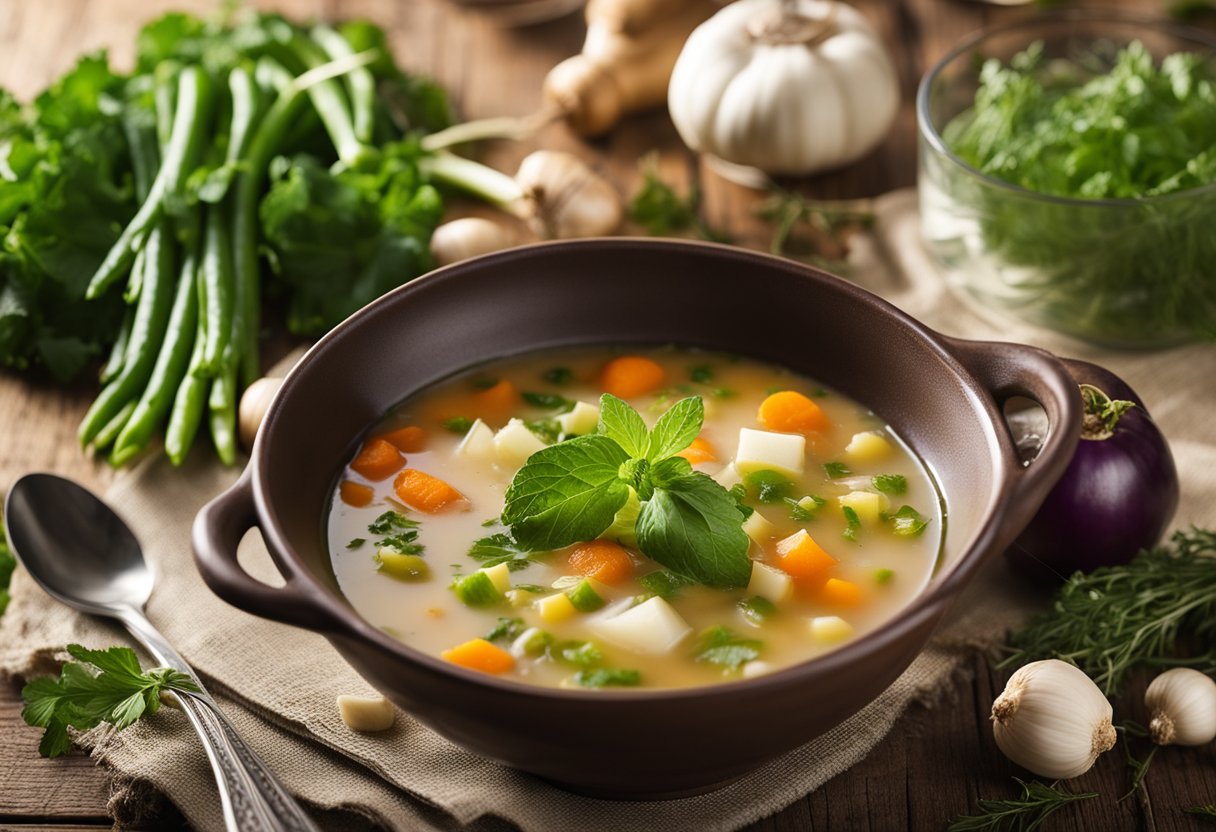 A bowl of haluski soup sits on a rustic wooden table, surrounded by fresh vegetables and herbs. A recipe card with detailed nutritional information is placed next to the bowl
