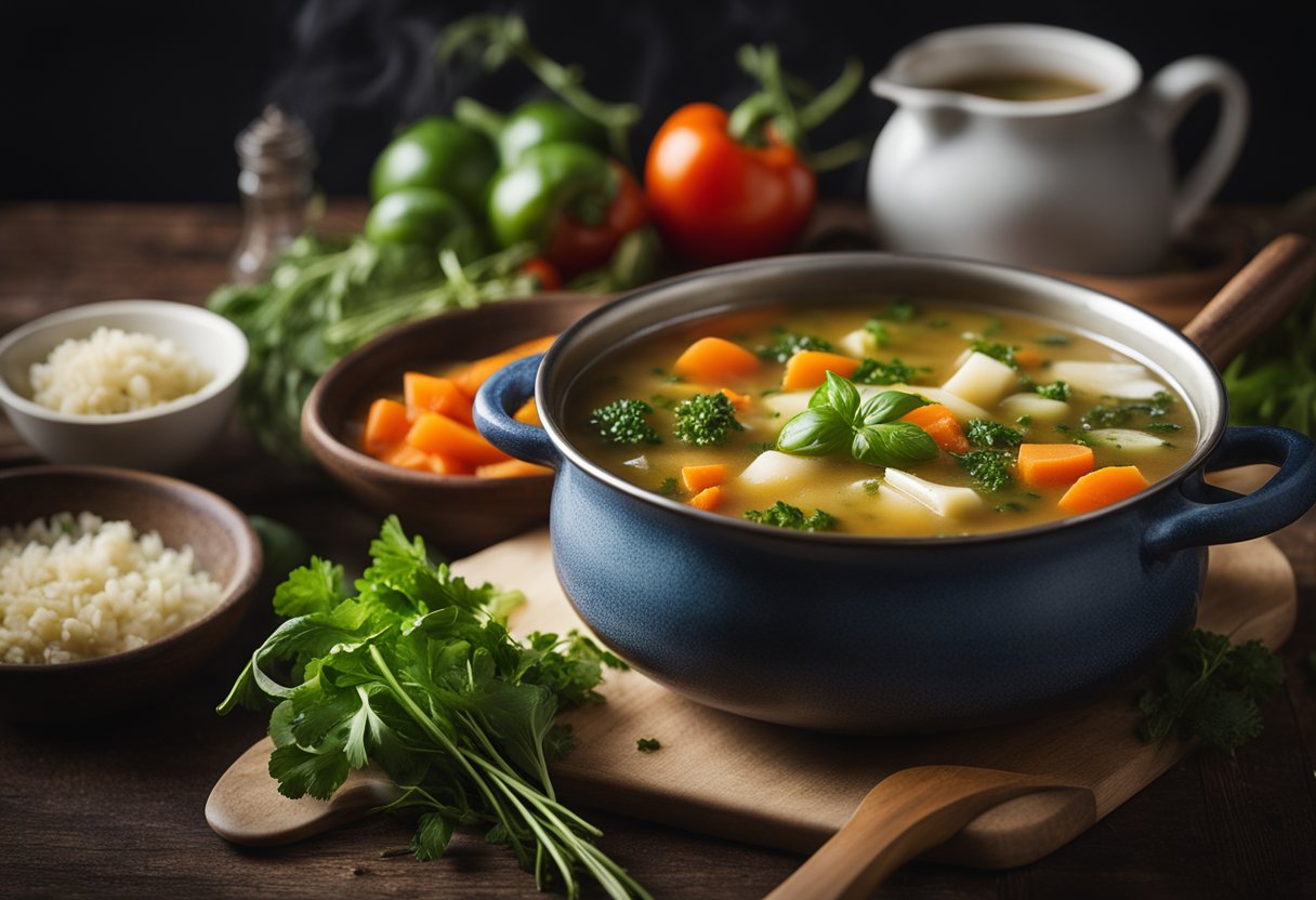 A steaming pot of haluski soup surrounded by fresh vegetables and herbs, with a recipe card and a spoon nearby