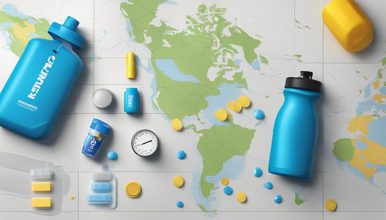 Runner's water bottle, electrolyte tablets, and hydration pack laid out on a table. Weather forecast and map of running route pinned to the wall