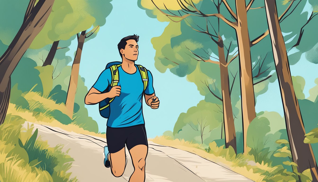 A runner carrying a hydration pack and water bottle, taking sips while running on a trail. They have a focused expression and are surrounded by trees and a clear blue sky