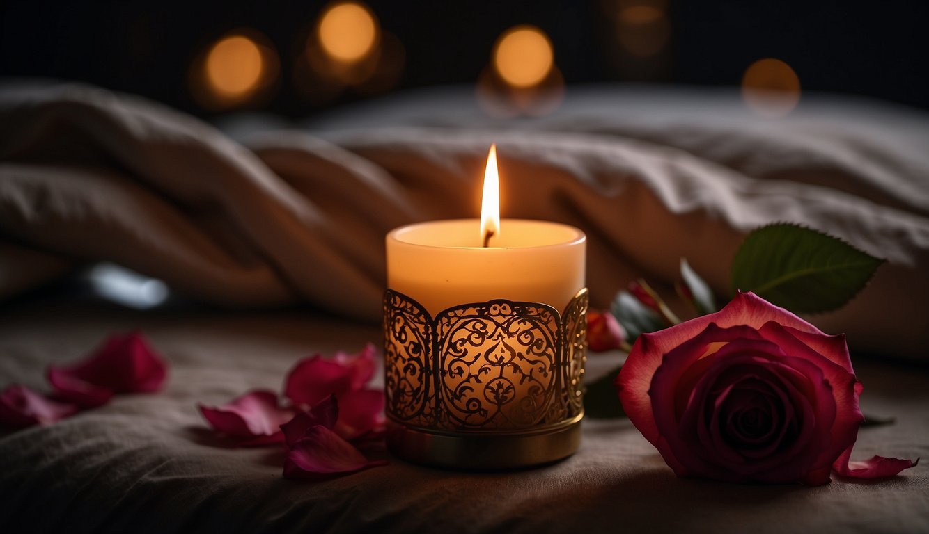 A candle flickers in a dimly lit room, casting shadows on a bed adorned with rose petals. A faint scent of incense lingers in the air, creating an atmosphere of intimacy and desire