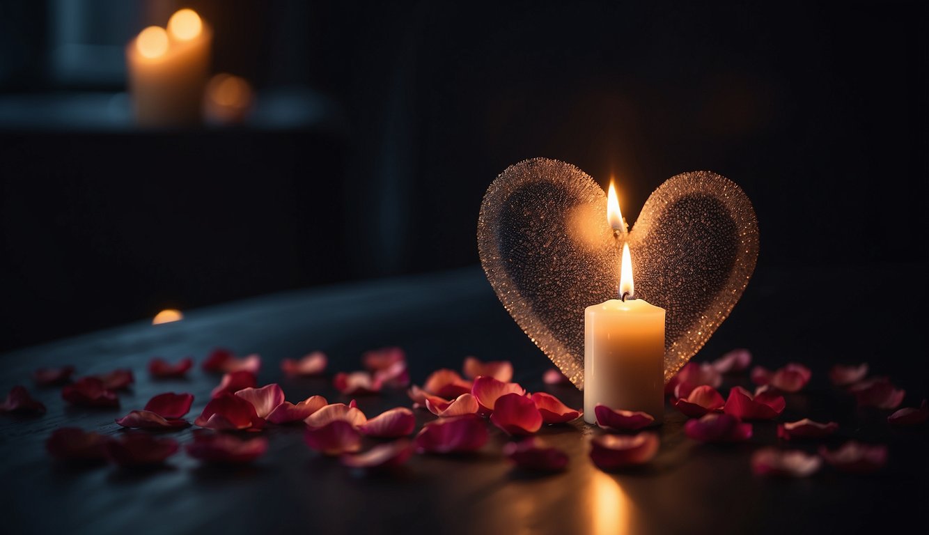 A candle flickers in a dark room, casting a seductive glow. Rose petals scatter on the floor, forming a heart shape. A feather floats gently in the air, as if guided by unseen forces