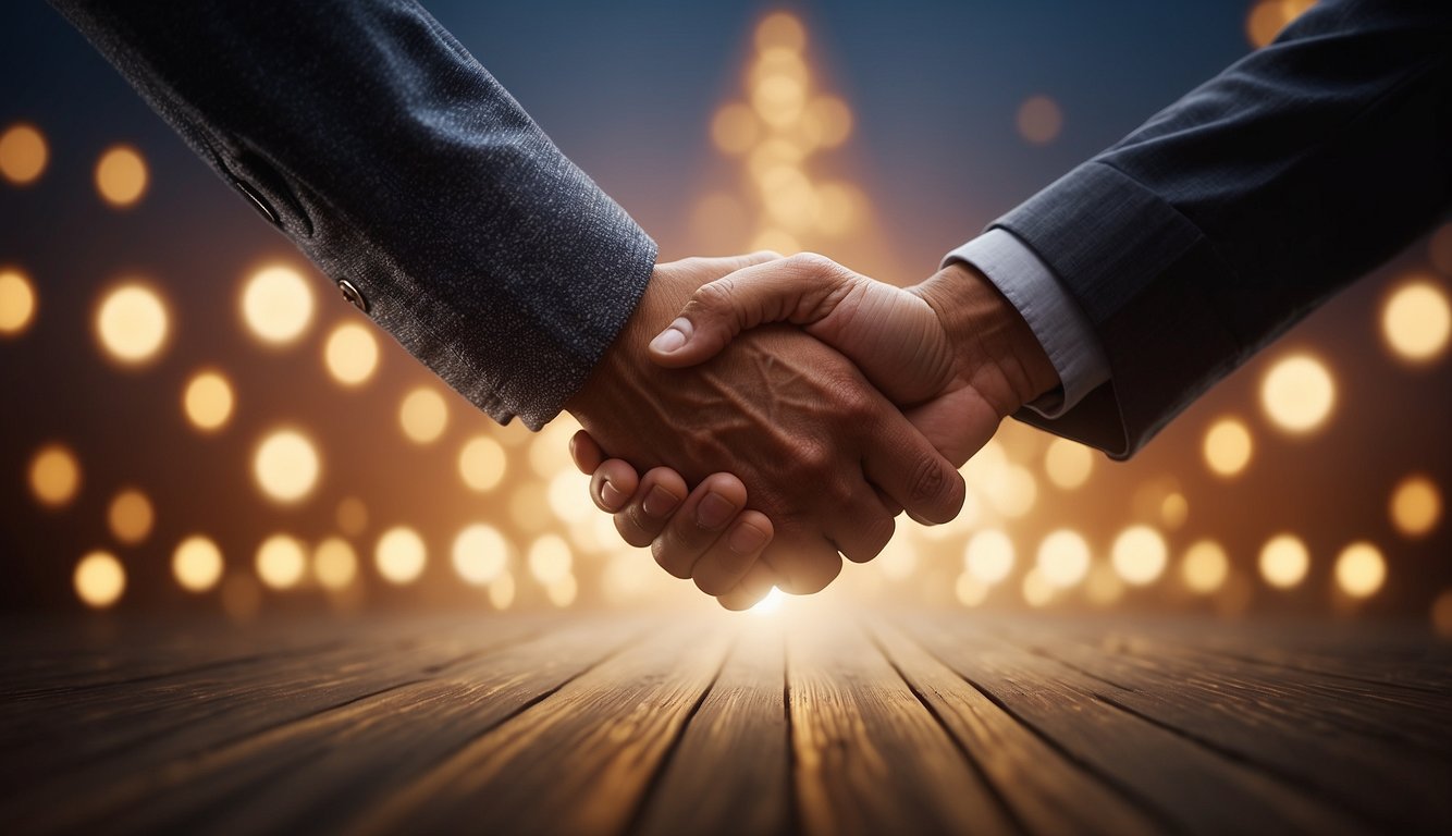 A handshake between two figures, surrounded by glowing symbols of trust, honesty, and spiritual connection