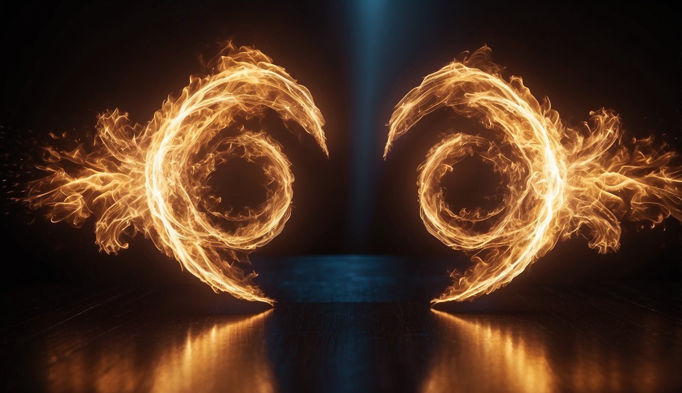 Two flames dancing in sync, radiating warmth and light, surrounded by a halo of energy connecting them in an unbreakable bond