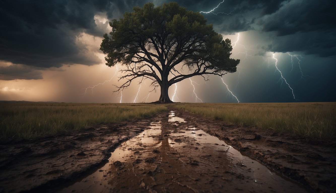 A storm rages over a barren land, with lightning striking a lone tree. The ground cracks beneath, revealing a hidden pit
