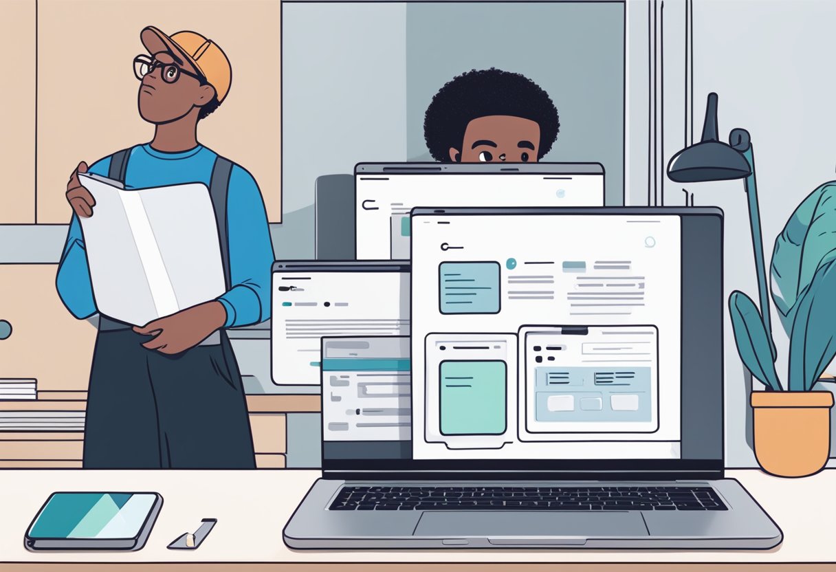 A laptop displaying a "Disney Plus" error message with a black screen, while a person troubleshoots the issue with a determined expression