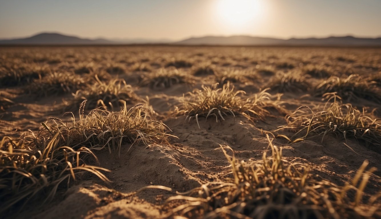 A barren land with wilted crops and dry wells, symbolizing consequences of disobedience in the Old Testament