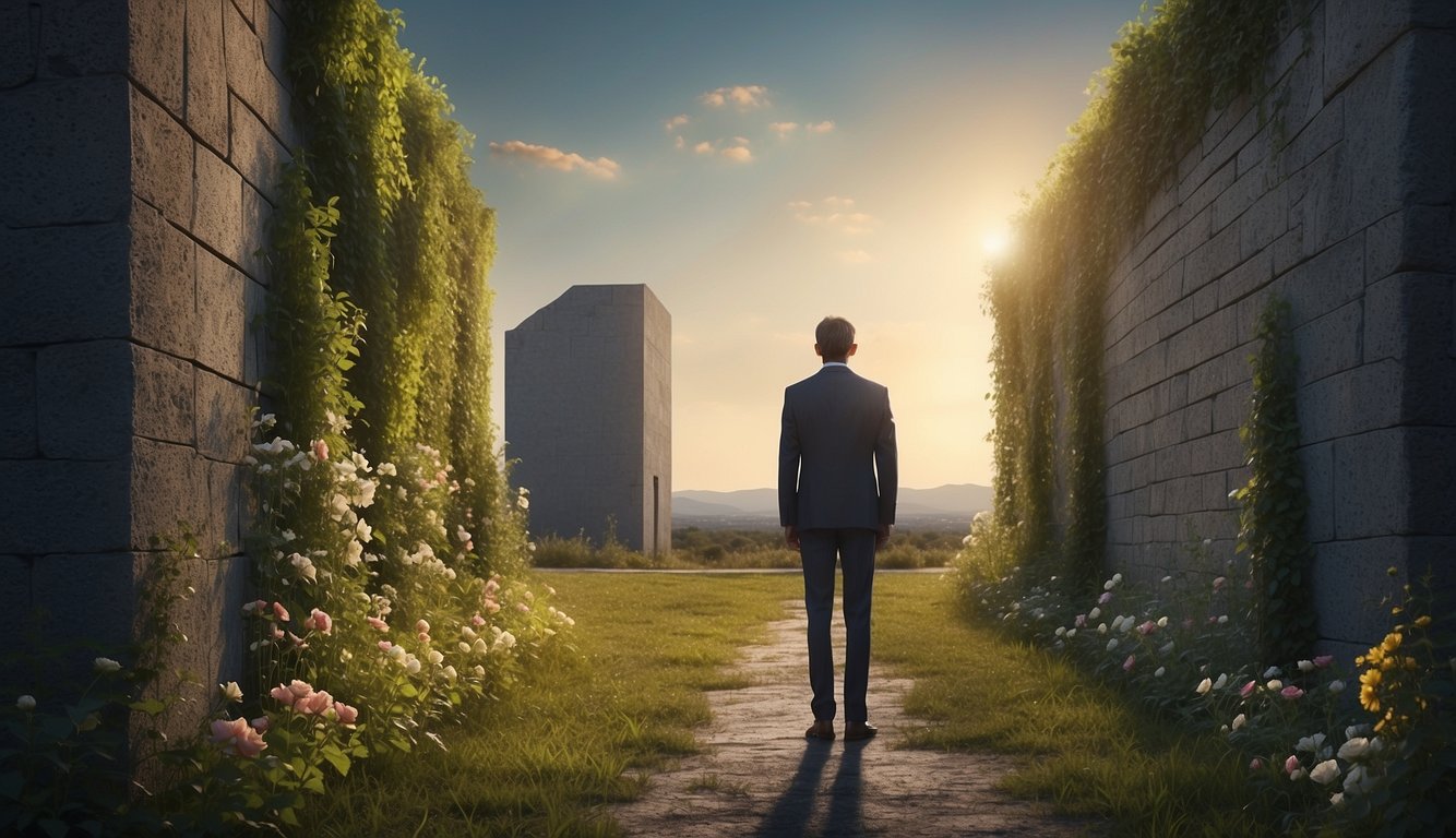 A figure stands before a towering wall, representing the consequences of disobedience. On one side, a flourishing garden; on the other, a desolate wasteland
