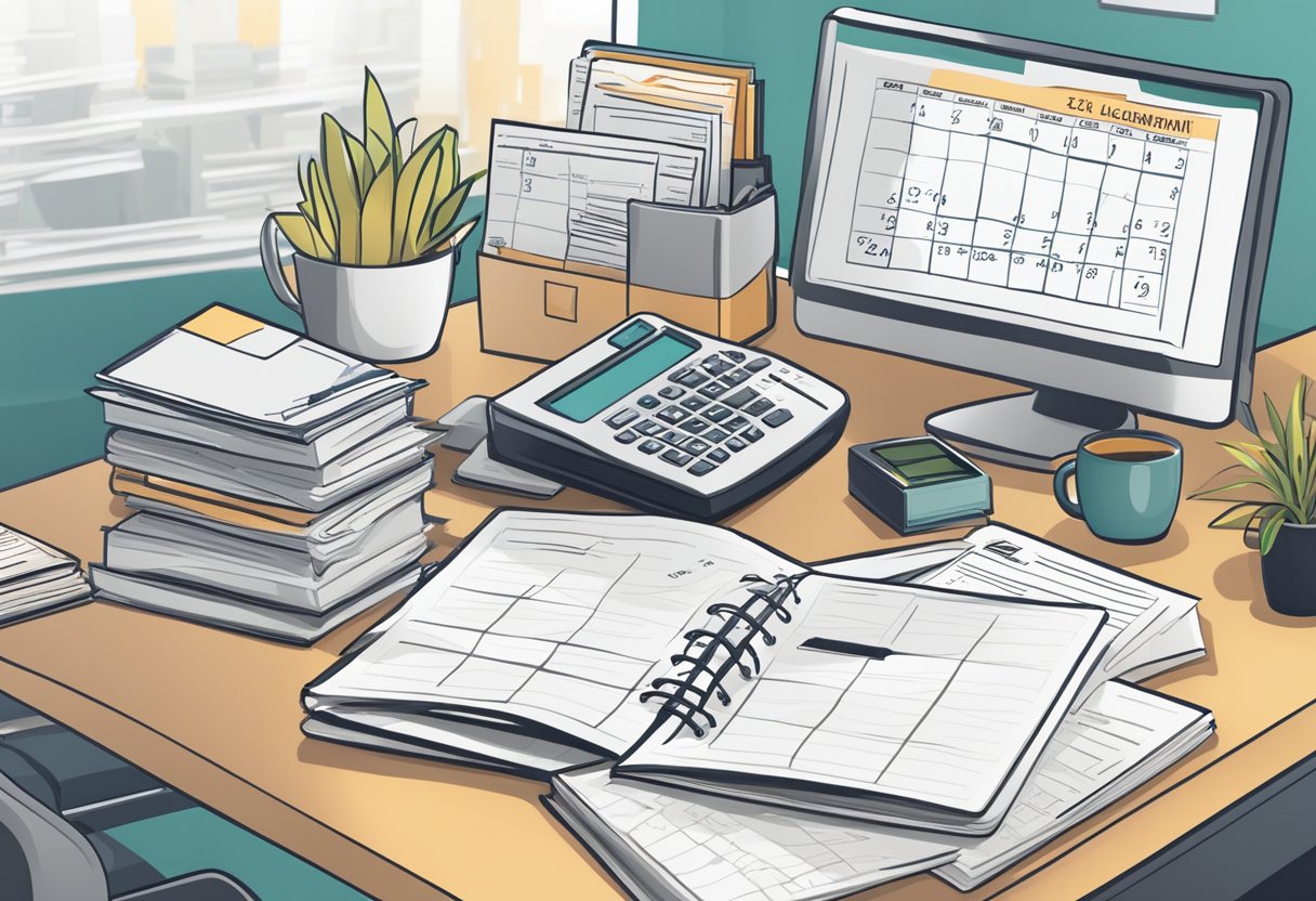 A busy office desk with organized files, a computer, and a phone. A calendar with highlighted dates and a clock showing a deadline. A stack of papers labeled "client management guide."