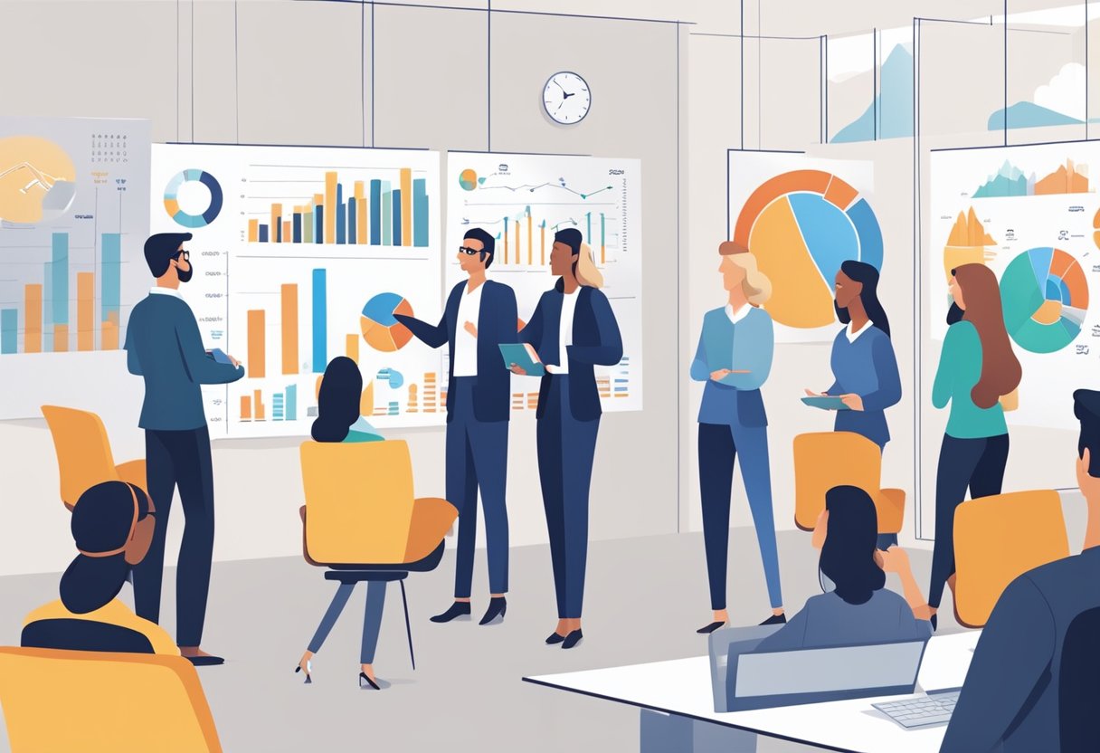 A group of people discussing a client retention strategy in a modern office setting with charts and graphs on the wall