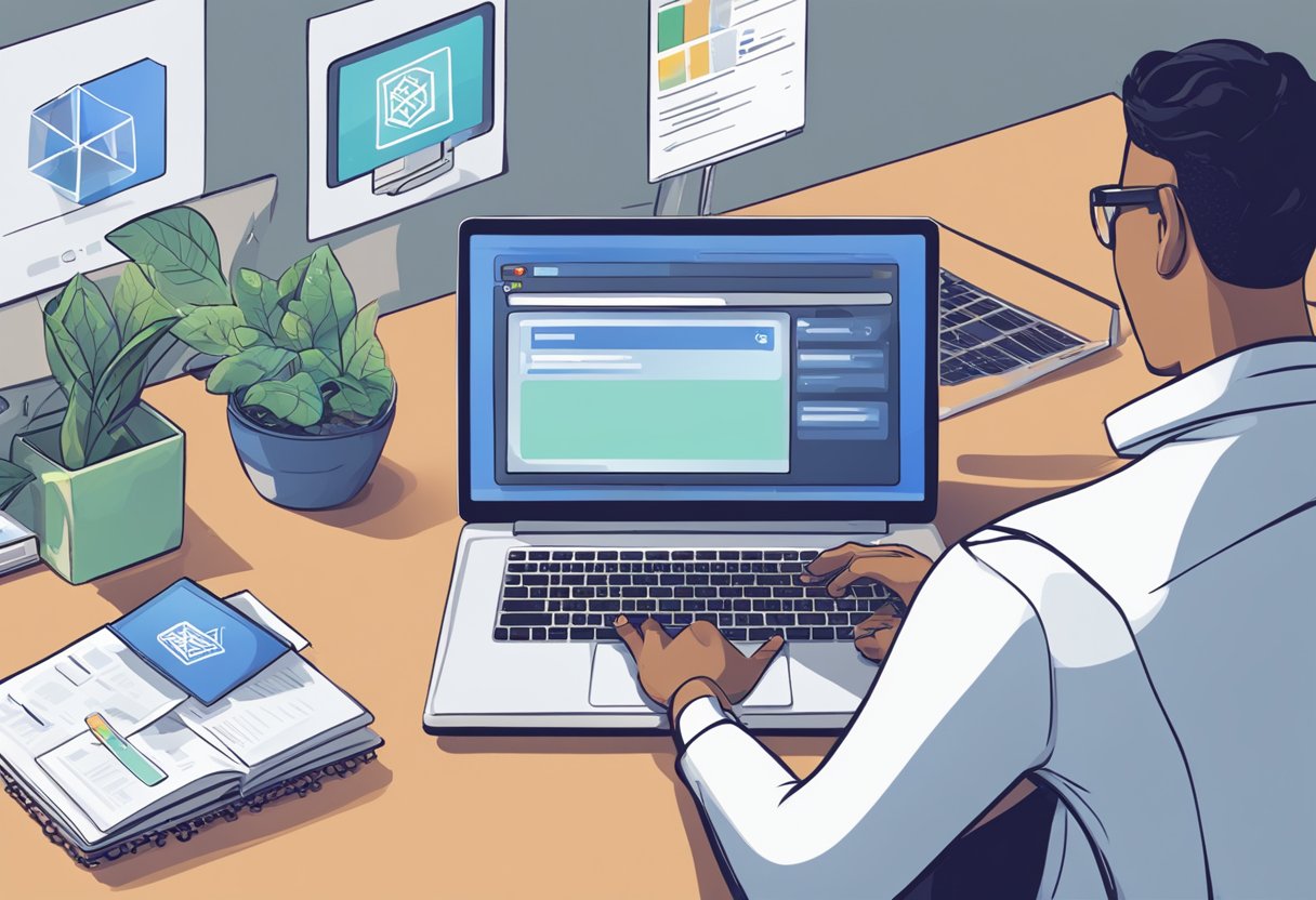 An open laptop with a screen displaying an error message stating "Dropbox not generating links." A frustrated user sits at the desk, trying to troubleshoot the issue