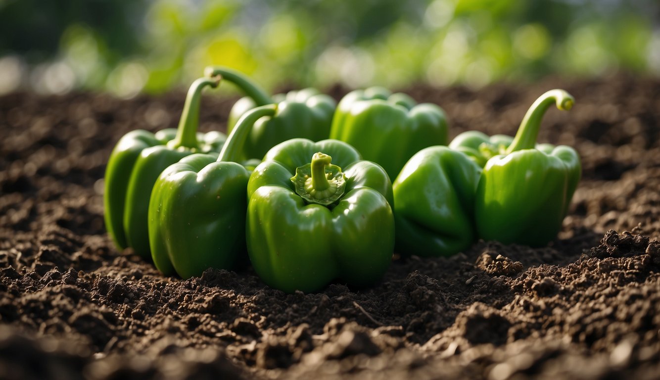 Lush green pepper plants in well-drained soil, receiving plenty of sunlight. Mulch and regular watering to maintain moisture. No signs of pests or disease