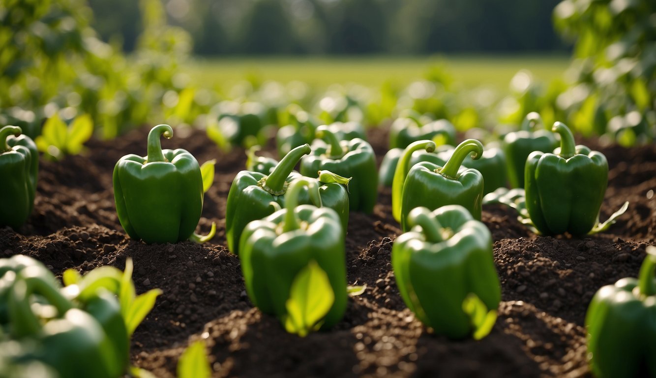 Lush green pepper plants bask in the warm sunlight, surrounded by rich, well-draining soil and receiving regular water and nutrients