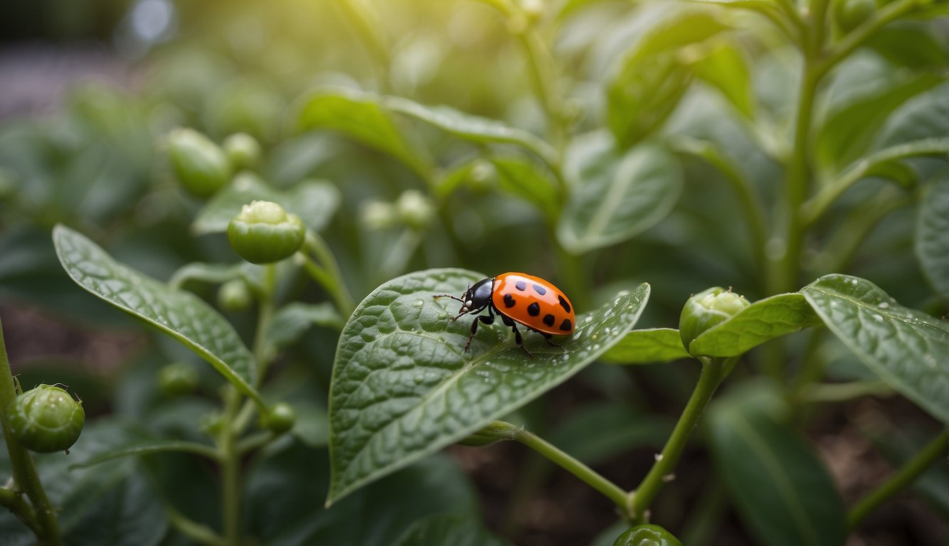 Healthy pepper plants surrounded by natural pest control methods, like ladybugs and beneficial insects, while disease-resistant varieties thrive