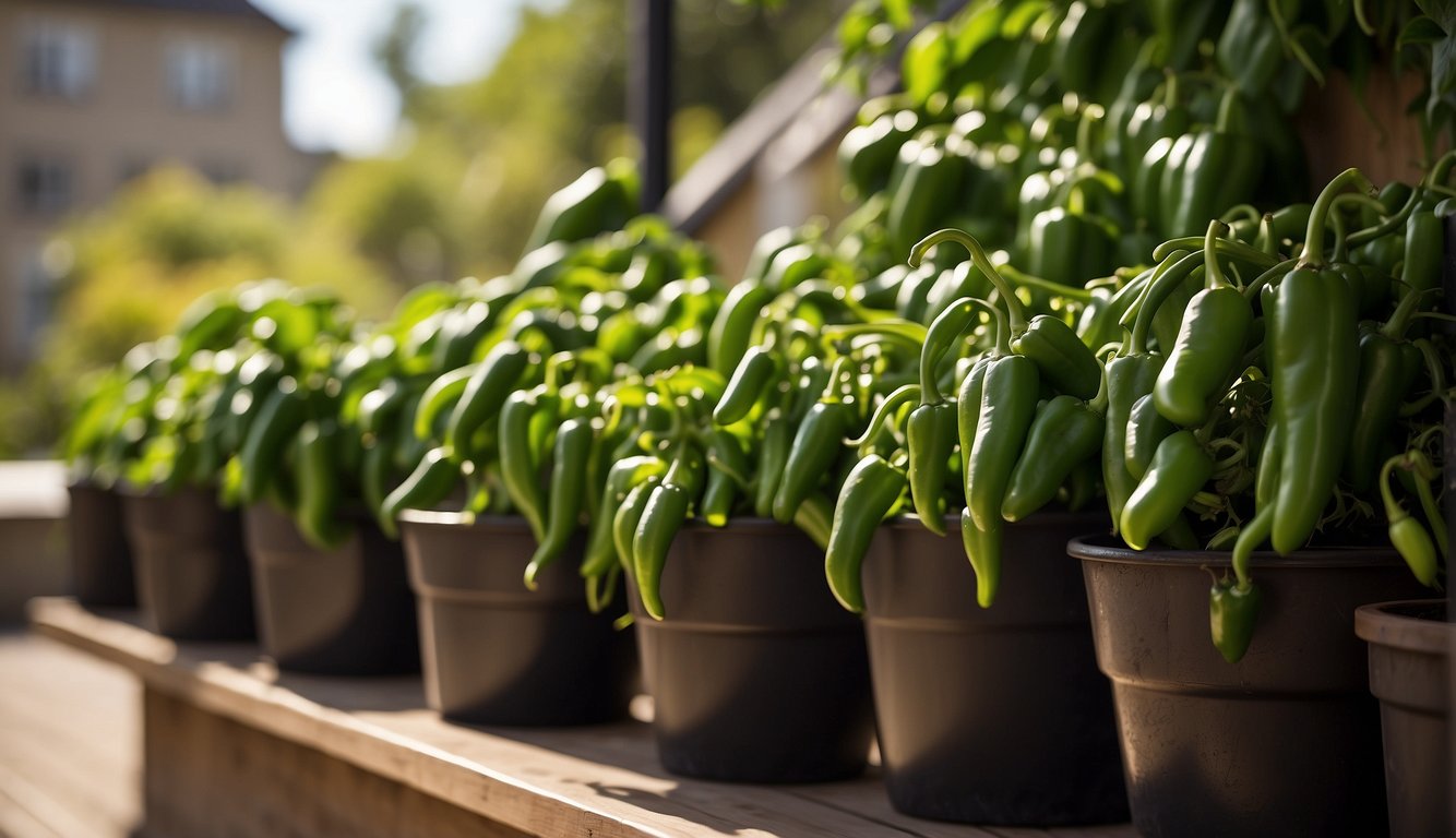 Lush green peppers thrive in various sized containers, basking in sunlight on a balcony or patio