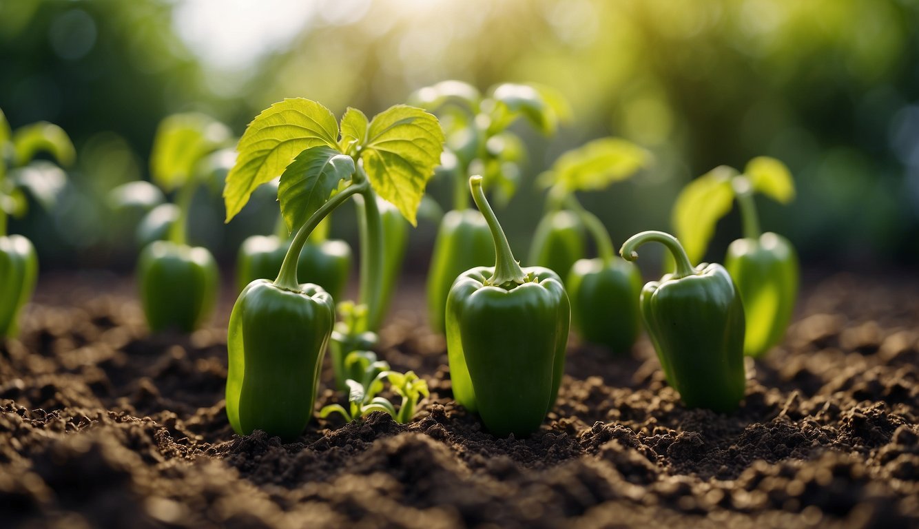 Vibrant green pepper plants thrive in rich soil under the warm sun, with healthy leaves and budding fruit. A gardener carefully tends to the plants, using advanced techniques to encourage optimal growth