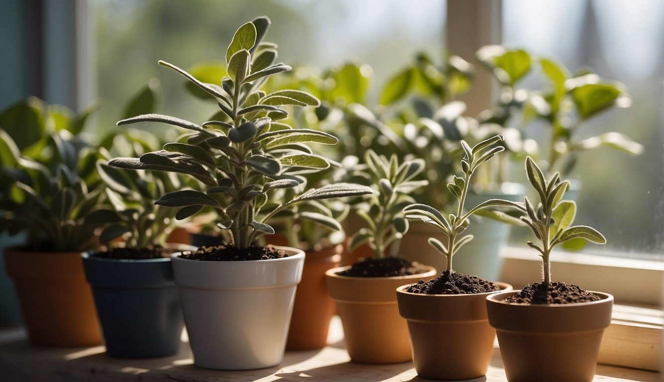 Sage seeds in small pots, filled with nutrient-rich soil, placed near a sunny window. Watering can and gardening tools nearby