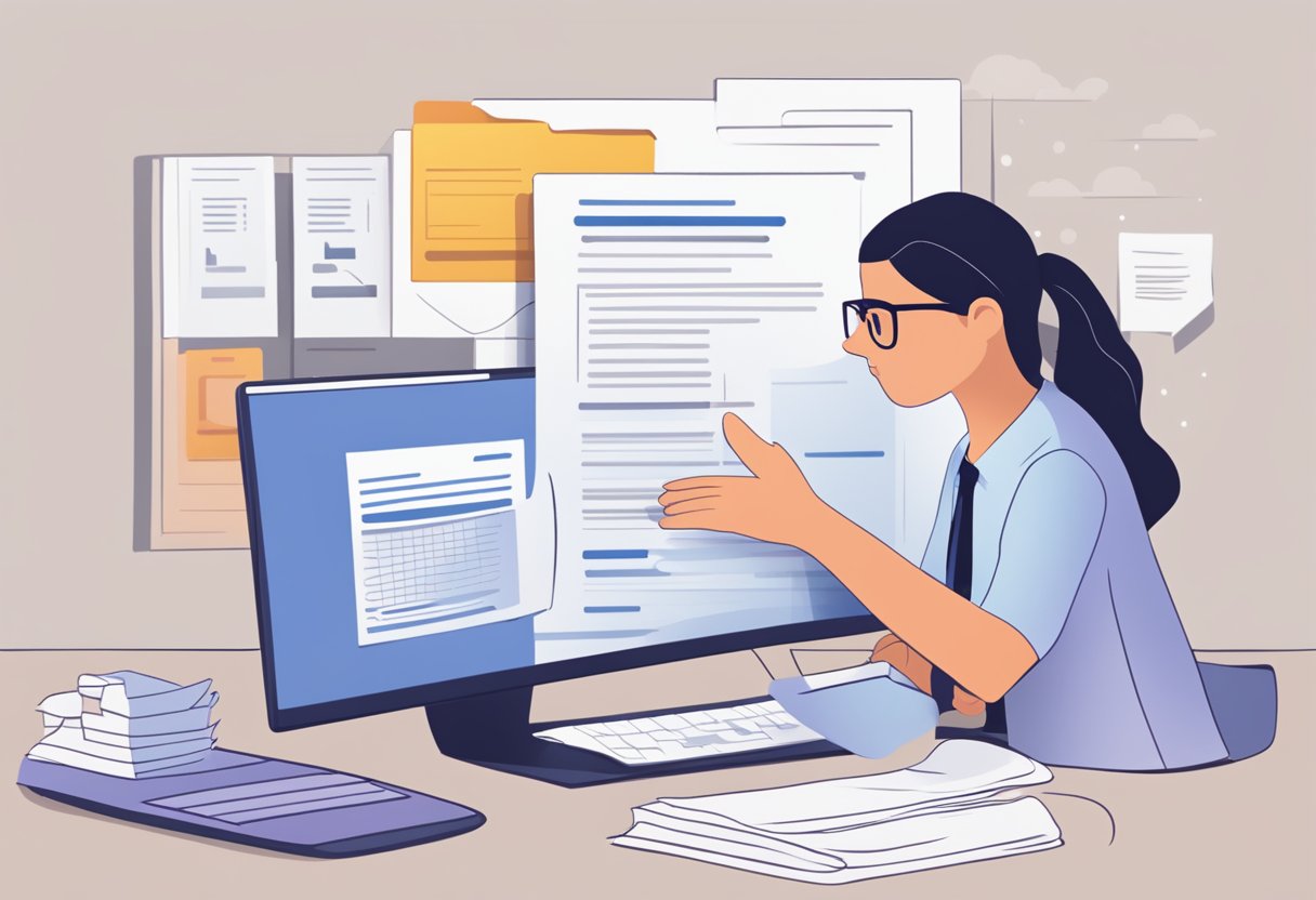 A computer screen showing a Word document with a pop-up error message about PDF export. A frustrated user sitting at the desk