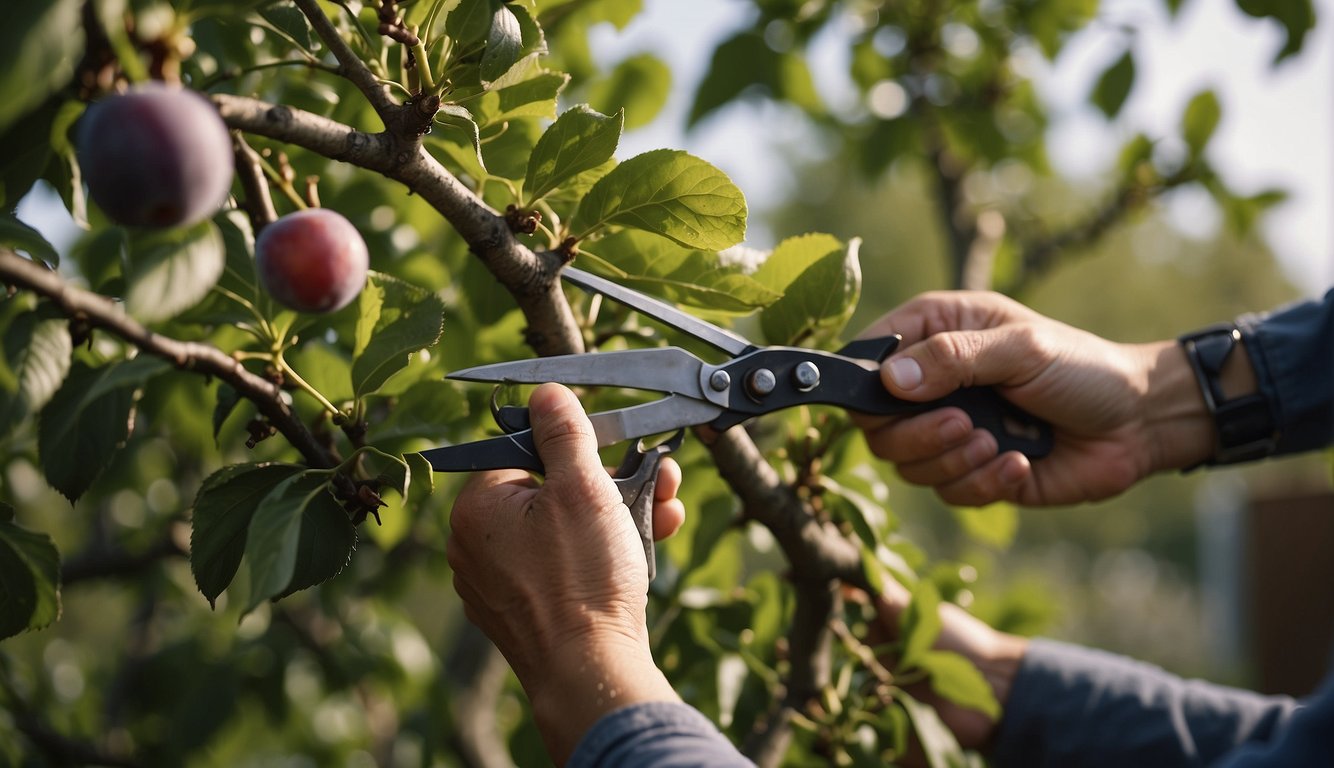 A person trimming a plum tree with pruning shears, removing dead or overgrown branches. The tree is in a garden or orchard, with other trees in the background
