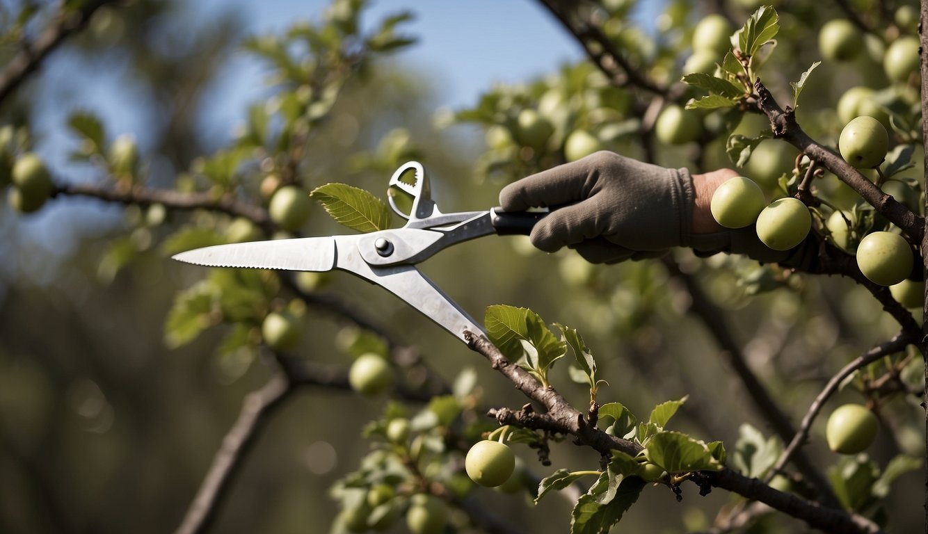 A figure trims a plum tree, carefully cutting away dead branches and shaping the tree for optimal growth. The figure uses sharp pruning shears and carefully inspects each cut