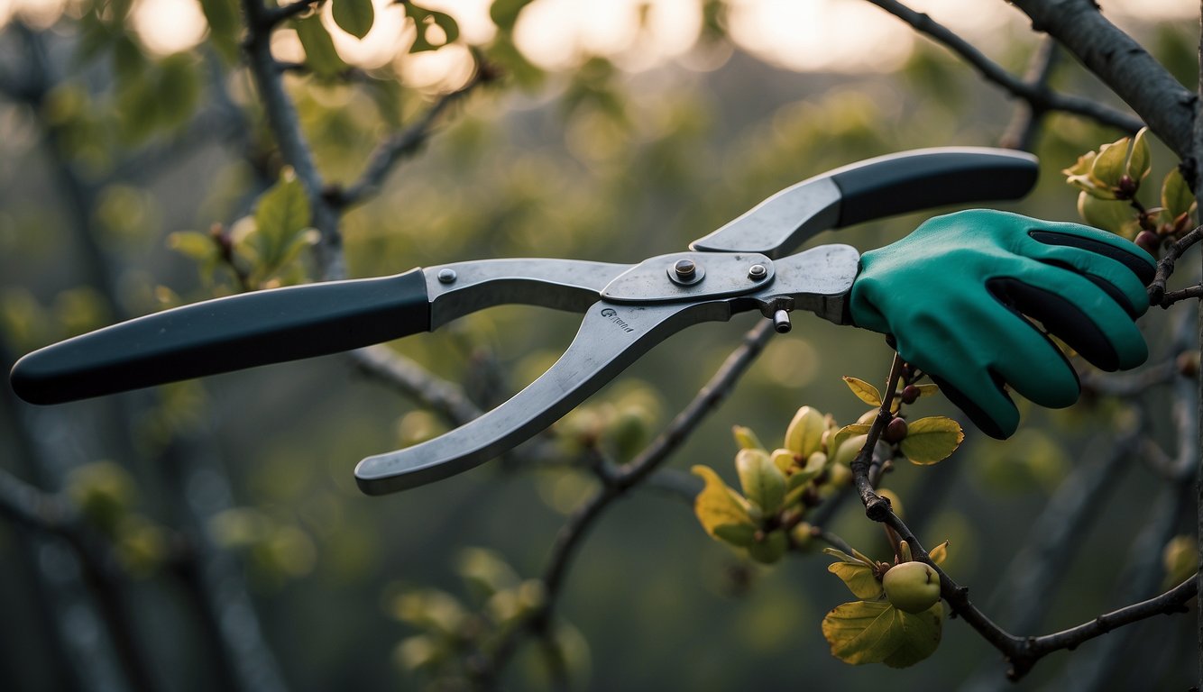 Pruning shears cutting plum tree branches, safety goggles and gloves nearby