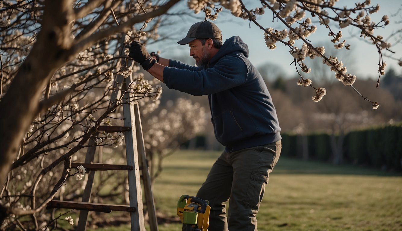 A person standing on a ladder, trimming branches from a plum tree with pruning shears. Piles of cut branches on the ground