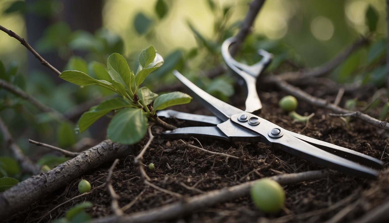 A pair of pruning shears trims back overgrown branches on a plum tree, with a pile of cuttings on the ground nearby