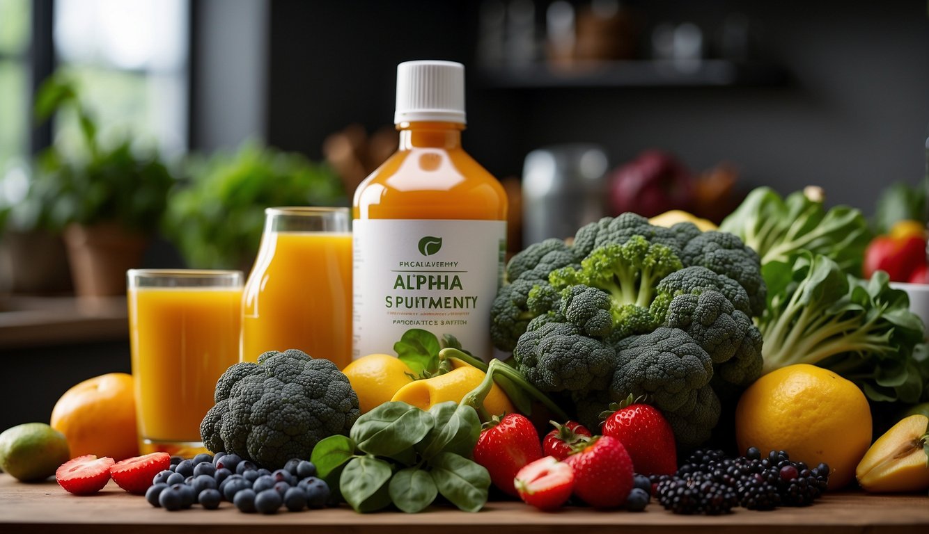 A colorful array of fruits and vegetables, with a focus on antioxidant-rich foods like spinach, broccoli, and berries. A bottle of alpha ljsonic acid supplements sits prominently in the center of the scene