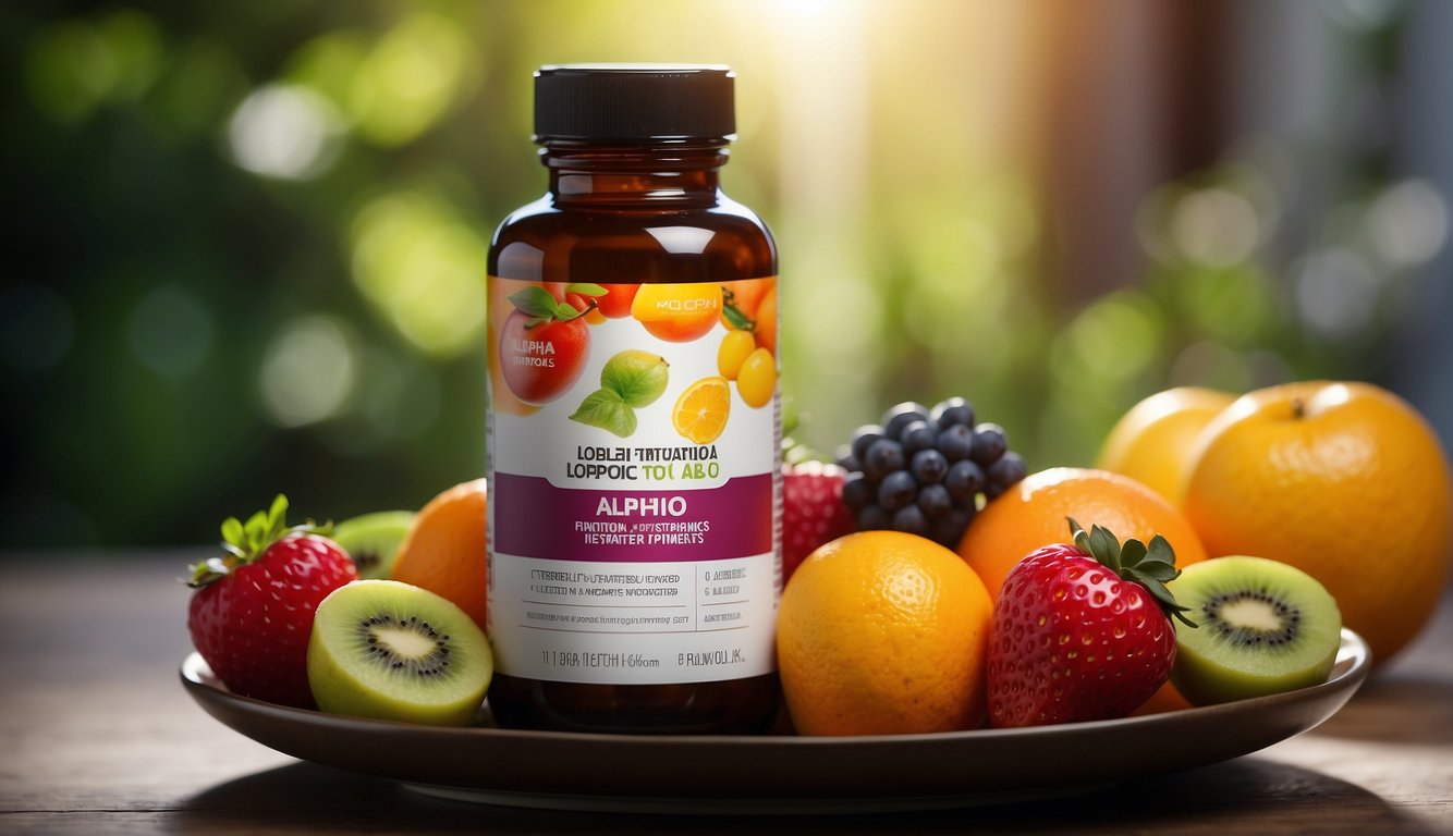 A bottle of alpha-lipoic acid supplements beside a plate of colorful fruits and vegetables, with a radiant glow emanating from the bottle