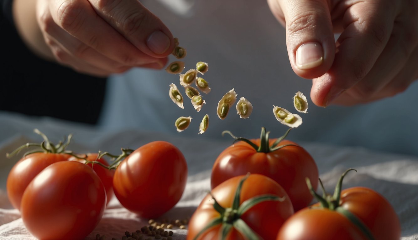 A ripe tomato is split open, revealing the seeds inside. A hand scoops out the seeds and places them on a paper towel to dry