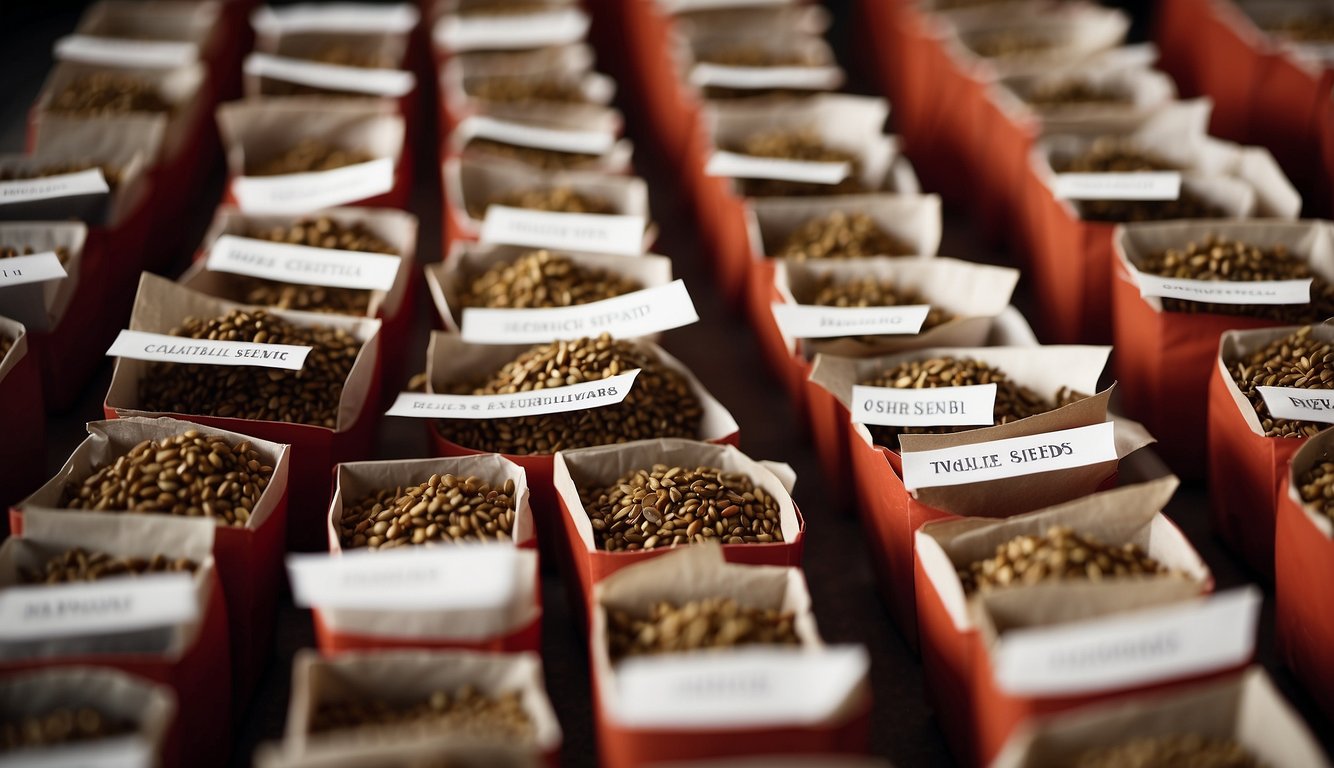 Tomato seeds placed in labeled envelopes, stored in a cool, dry place